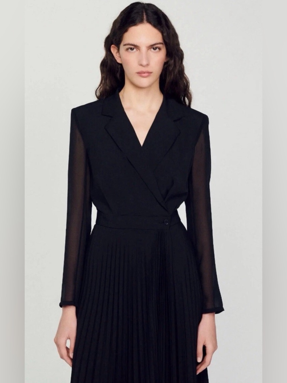 Sandro Paris Black Pleated Midi Dress | Dual Material | US 2 | Elegant - Picture 9 of 16